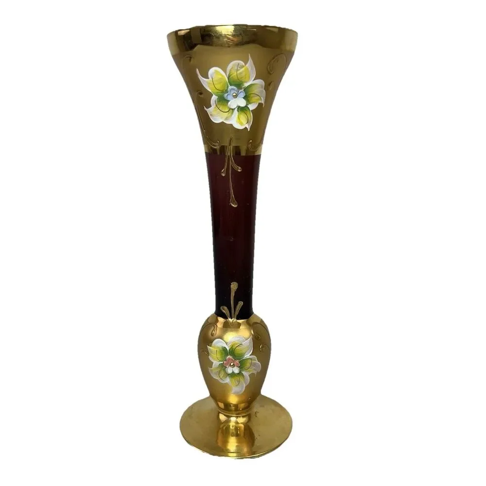 Bohemian Czech Ruby Red Murano Glass Bud Vase 18k Gold Hand Painted Flowers 10”